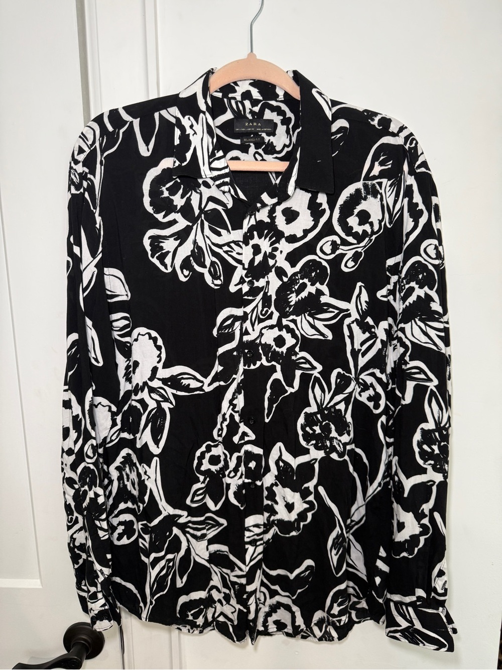 🖤Zara Women’s Black & White Abstract Floral Long Sleeve Blouse - Relaxed Fit L 🖤